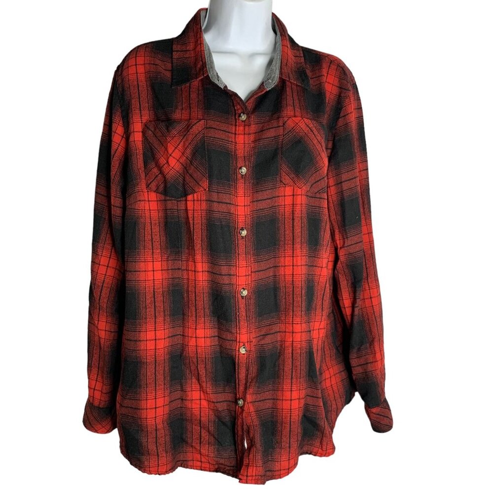 Lightweight Flannel Button Up Shirt M Red Black Plaid Pockets Cotton Blend